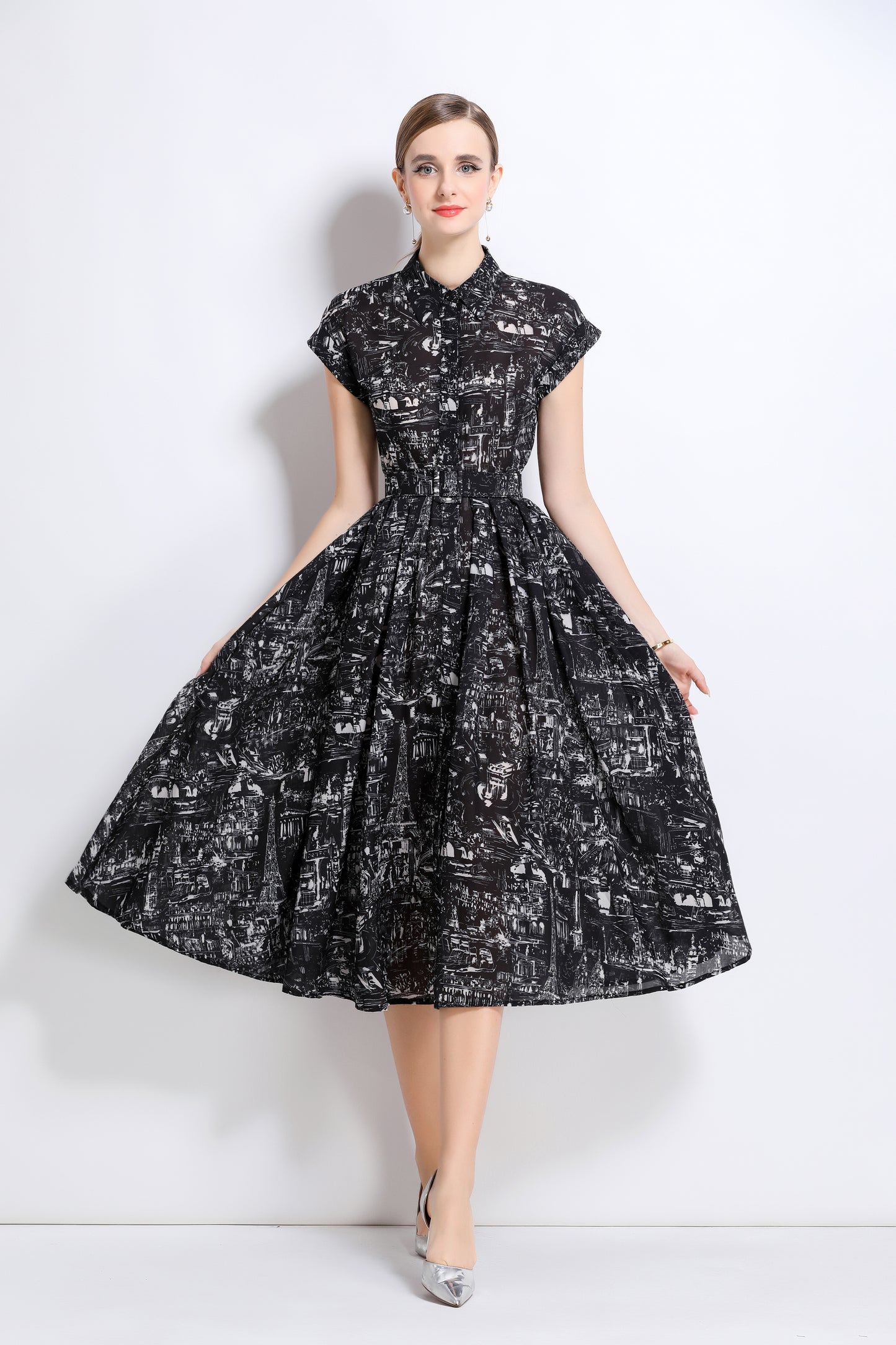 Women's Short Sleeves Collar Printed Buttons Midi Dress
