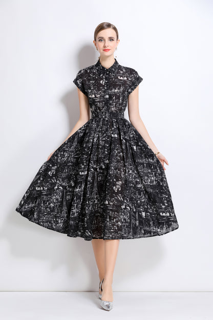 Women's Short Sleeves Collar Printed Buttons Midi Dress