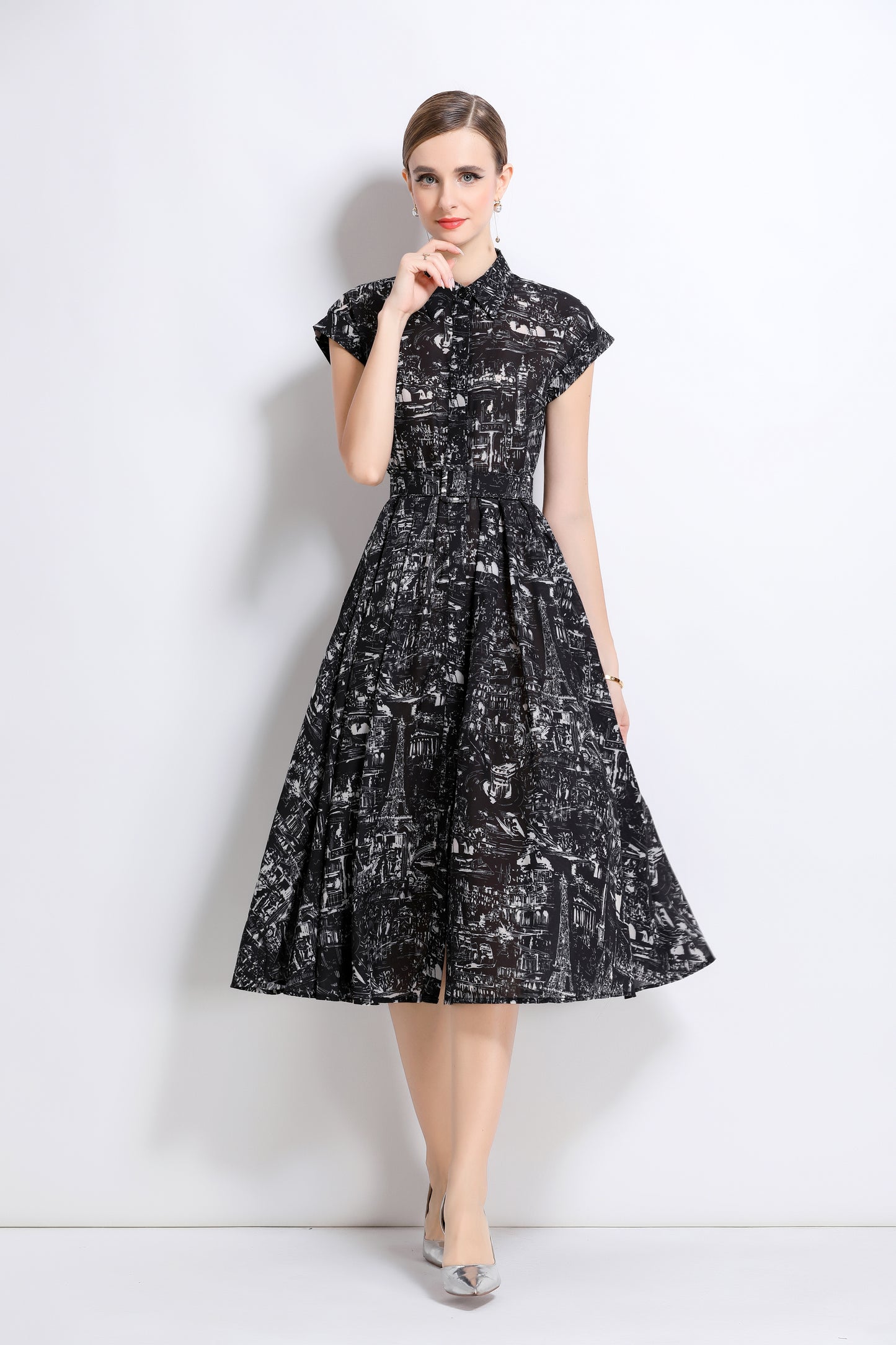 Women's Short Sleeves Collar Printed Buttons Midi Dress