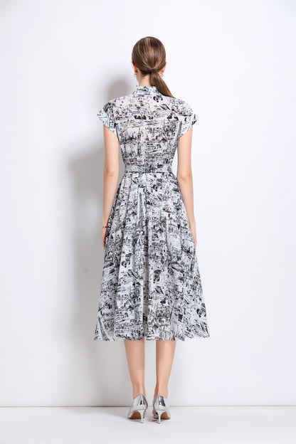 Women's Short Sleeves Collar Printed Buttons Midi Dress