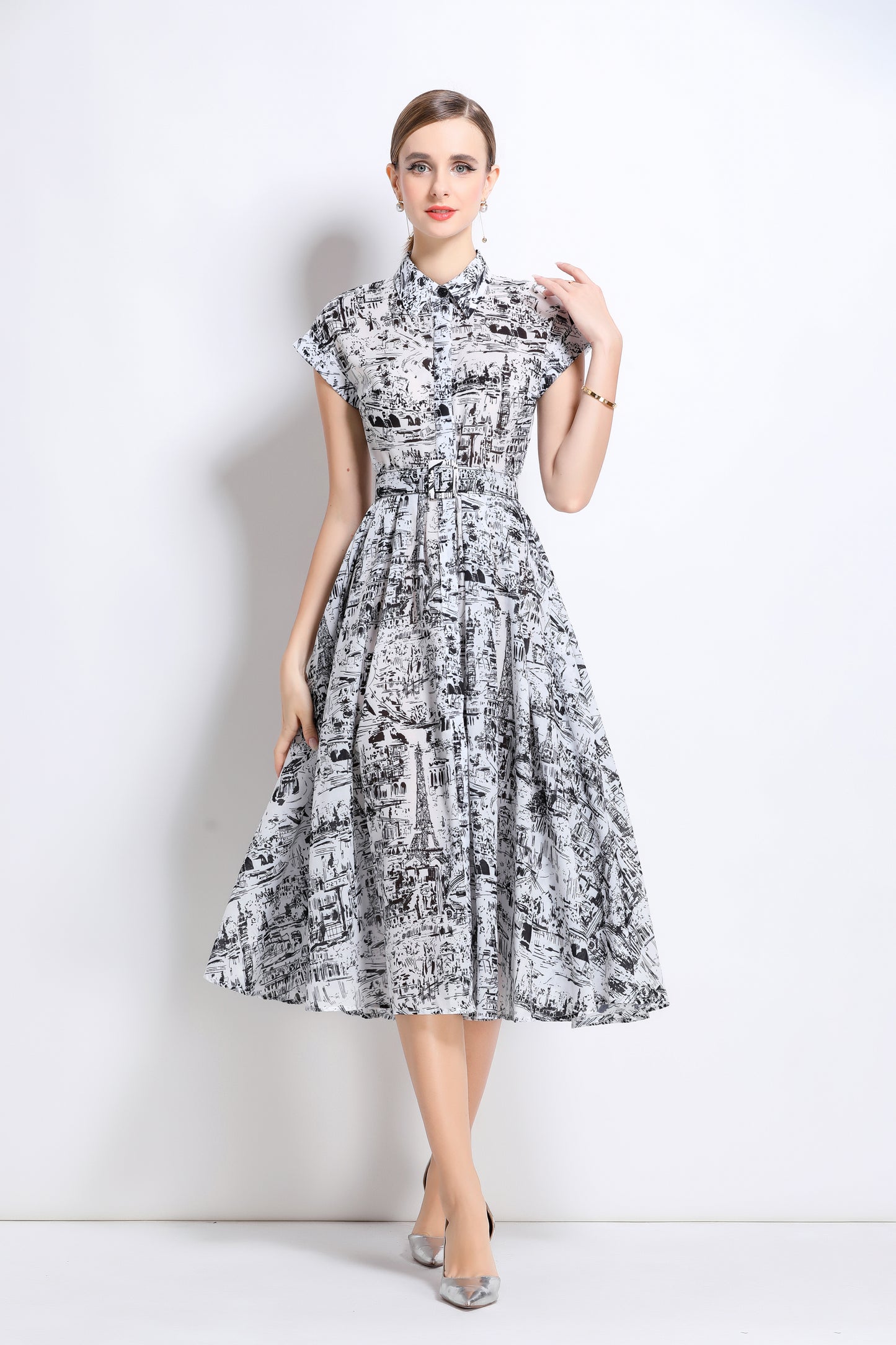 Women's Short Sleeves Collar Printed Buttons Midi Dress