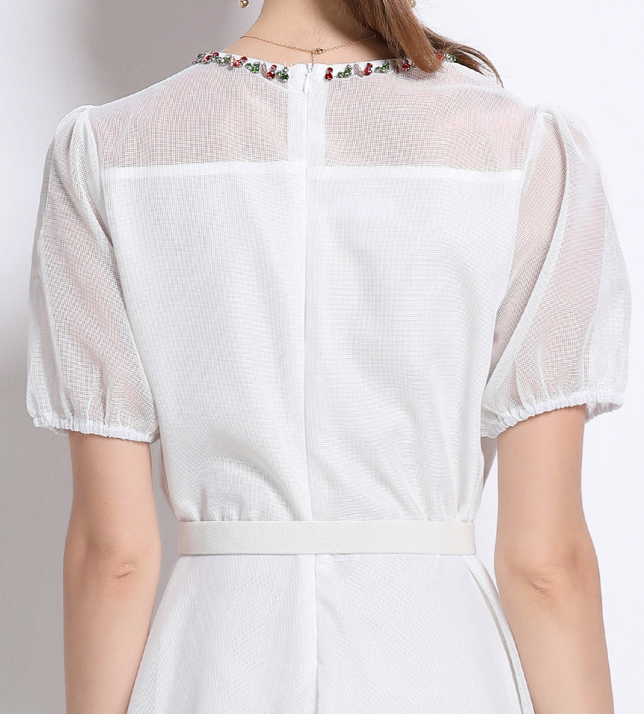 LAI MENG FIVE CATS Embroidered Mesh Floral White Midi Dress - LAI MENG FIVE CATS