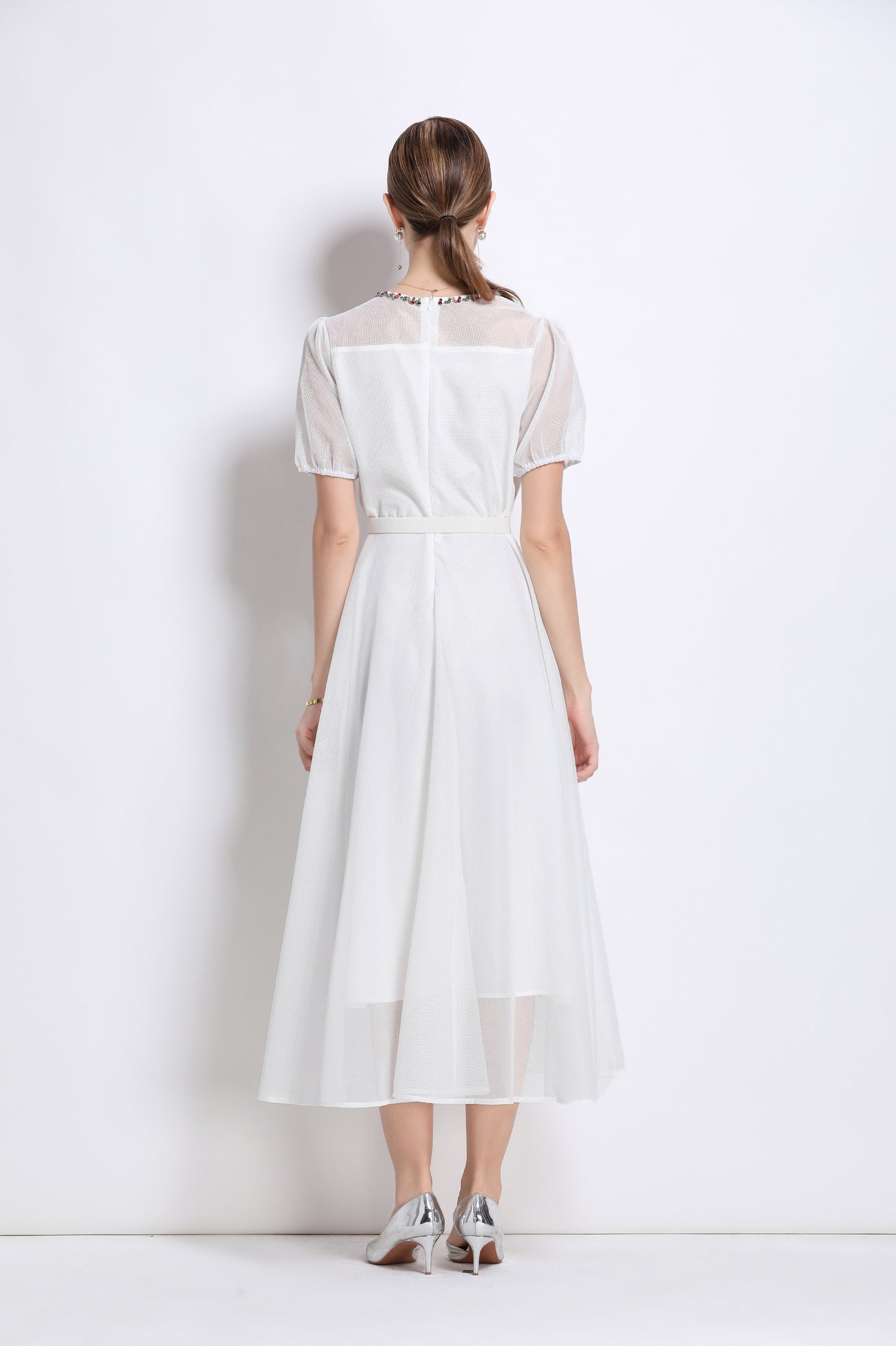 LAI MENG FIVE CATS Embroidered Mesh Floral White Midi Dress - LAI MENG FIVE CATS