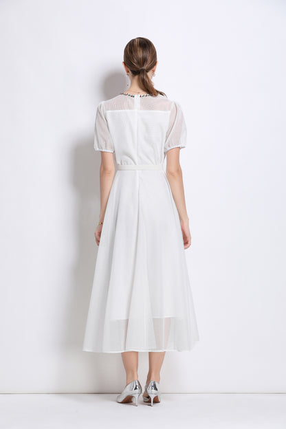 LAI MENG FIVE CATS Embroidered Mesh Floral White Midi Dress - LAI MENG FIVE CATS