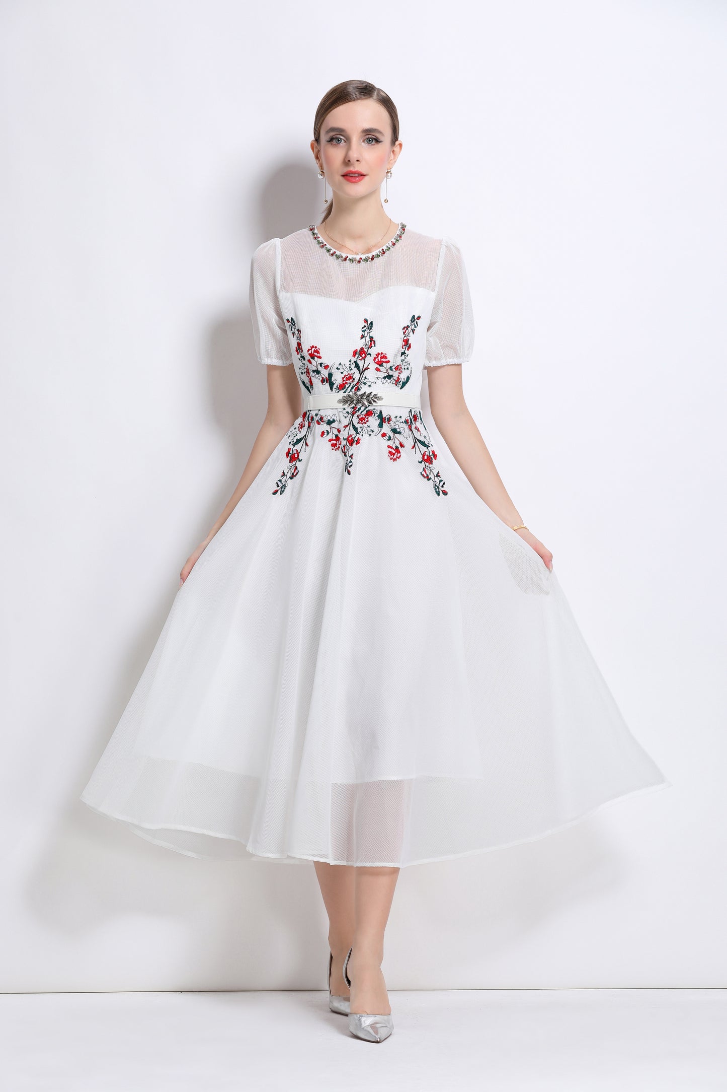 LAI MENG FIVE CATS Embroidered Mesh Floral White Midi Dress - LAI MENG FIVE CATS