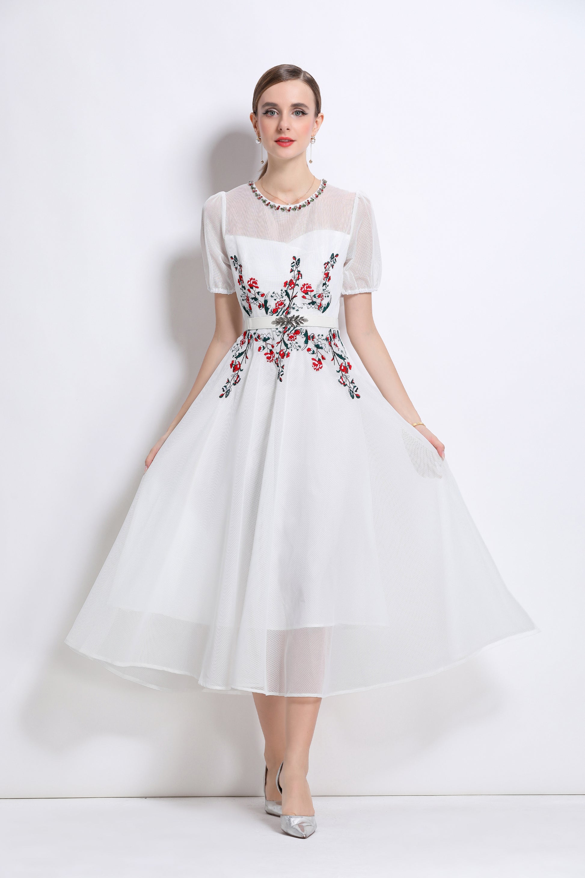 LAI MENG FIVE CATS Embroidered Mesh Floral White Midi Dress - LAI MENG FIVE CATS
