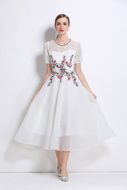 LAI MENG FIVE CATS Embroidered Mesh Floral White Midi Dress - LAI MENG FIVE CATS