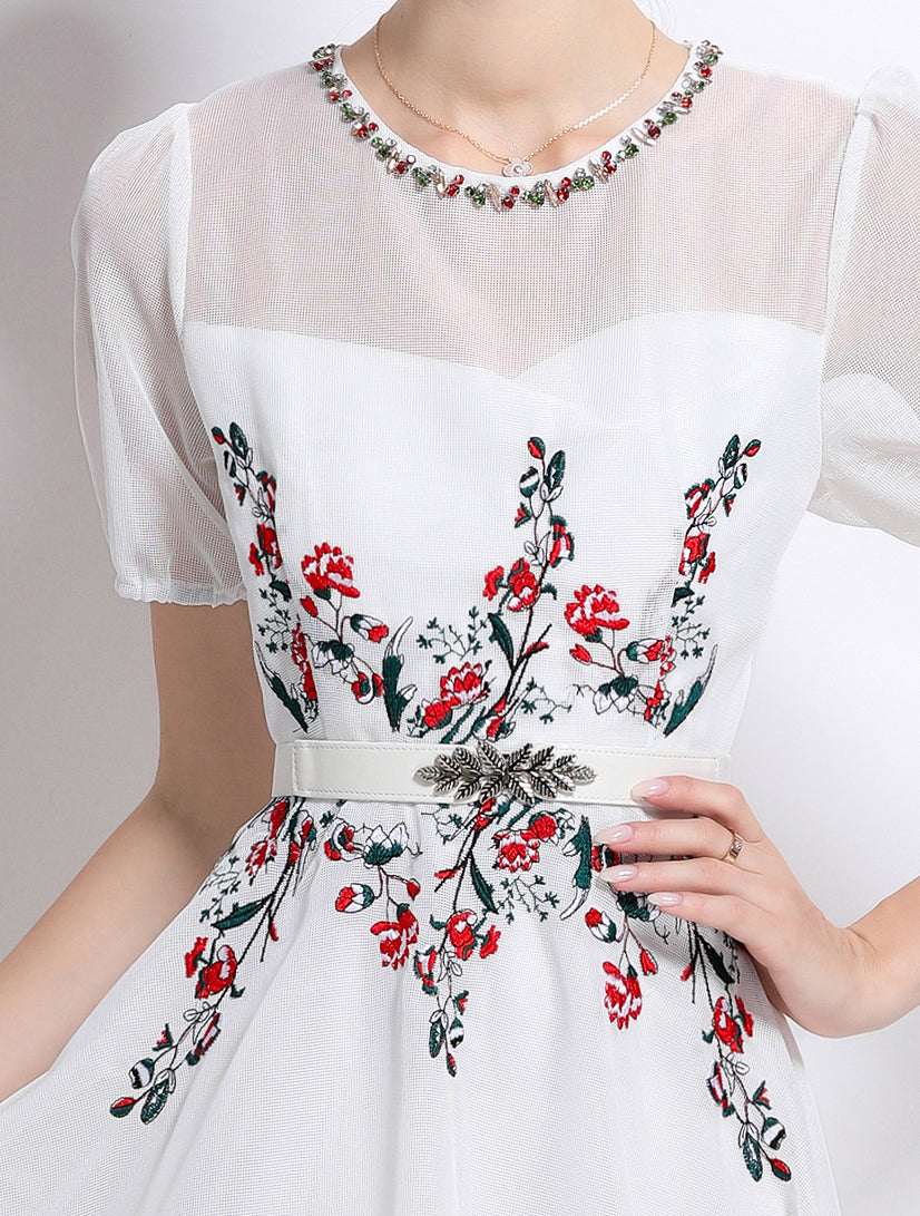 LAI MENG FIVE CATS Embroidered Mesh Floral White Midi Dress - LAI MENG FIVE CATS