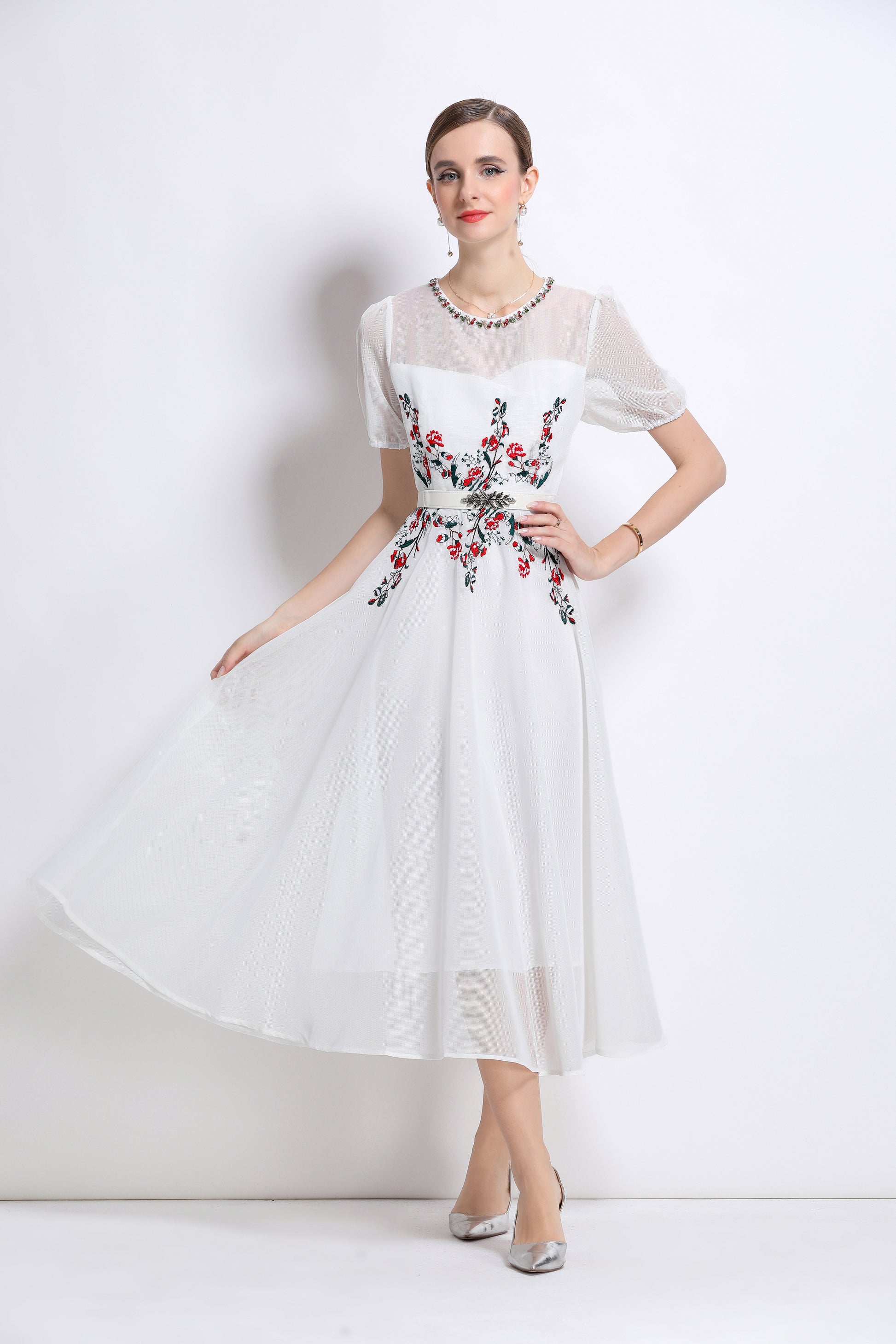 LAI MENG FIVE CATS Embroidered Mesh Floral White Midi Dress - LAI MENG FIVE CATS