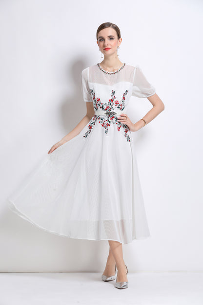 LAI MENG FIVE CATS Embroidered Mesh Floral White Midi Dress - LAI MENG FIVE CATS