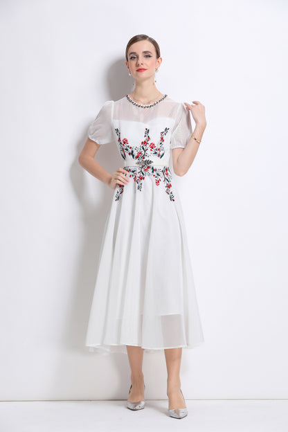 LAI MENG FIVE CATS Embroidered Mesh Floral White Midi Dress - LAI MENG FIVE CATS