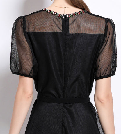 LAI MENG FIVE CATS Embroidered Mesh Floral Black Midi Dress - LAI MENG FIVE CATS