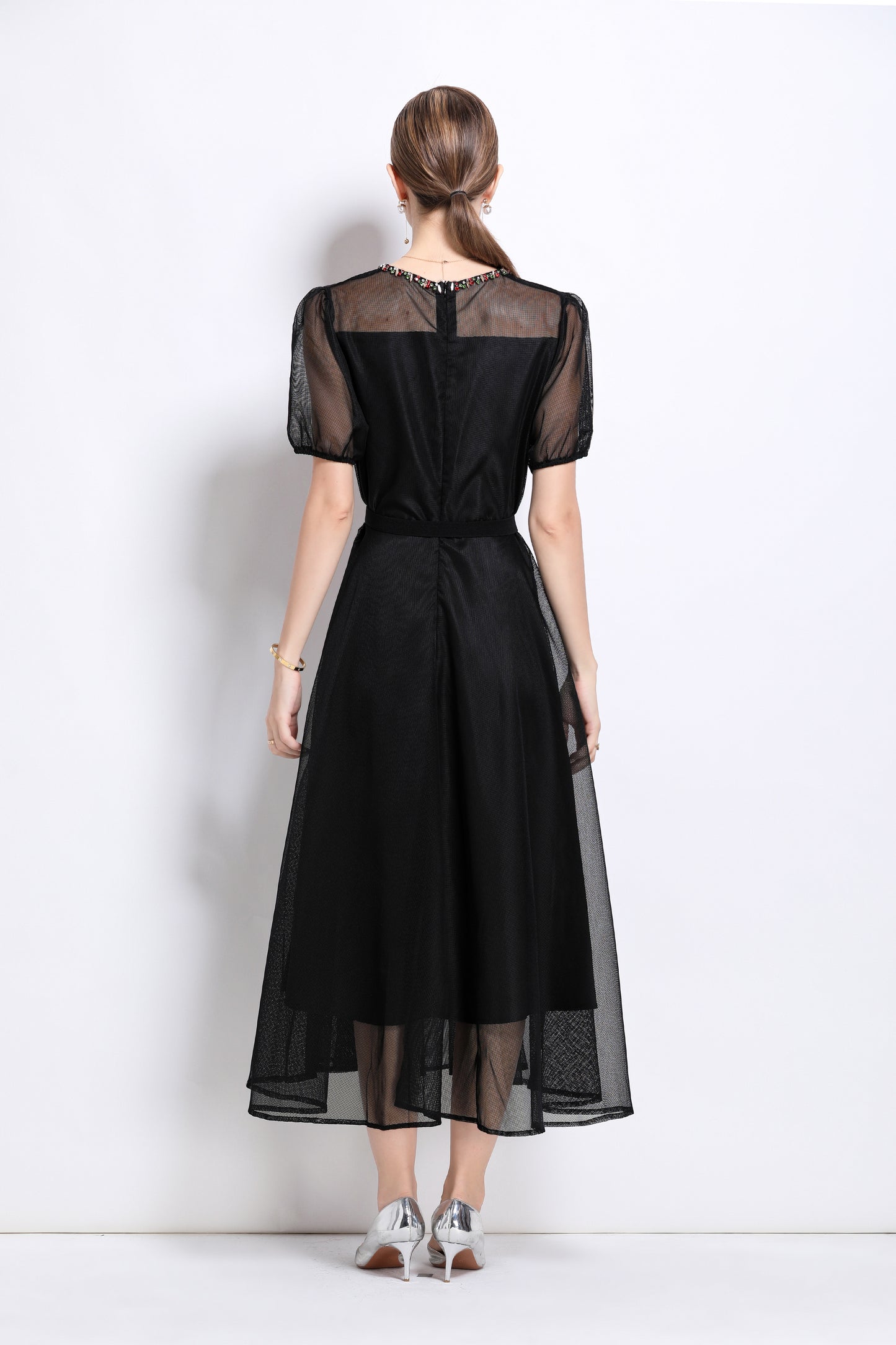 LAI MENG FIVE CATS Embroidered Mesh Floral Black Midi Dress - LAI MENG FIVE CATS