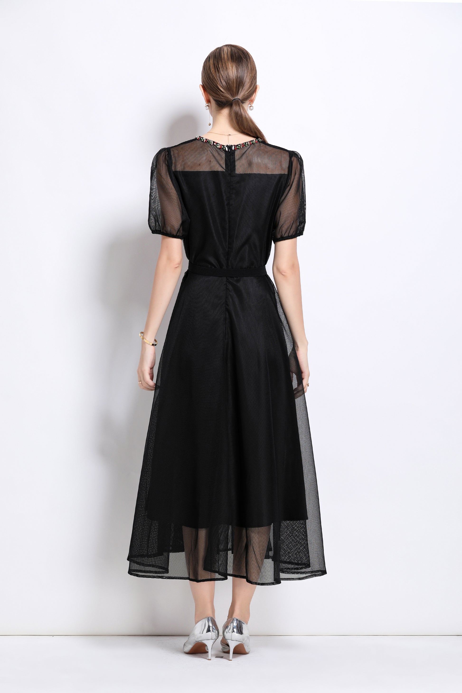 LAI MENG FIVE CATS Embroidered Mesh Floral Black Midi Dress - LAI MENG FIVE CATS