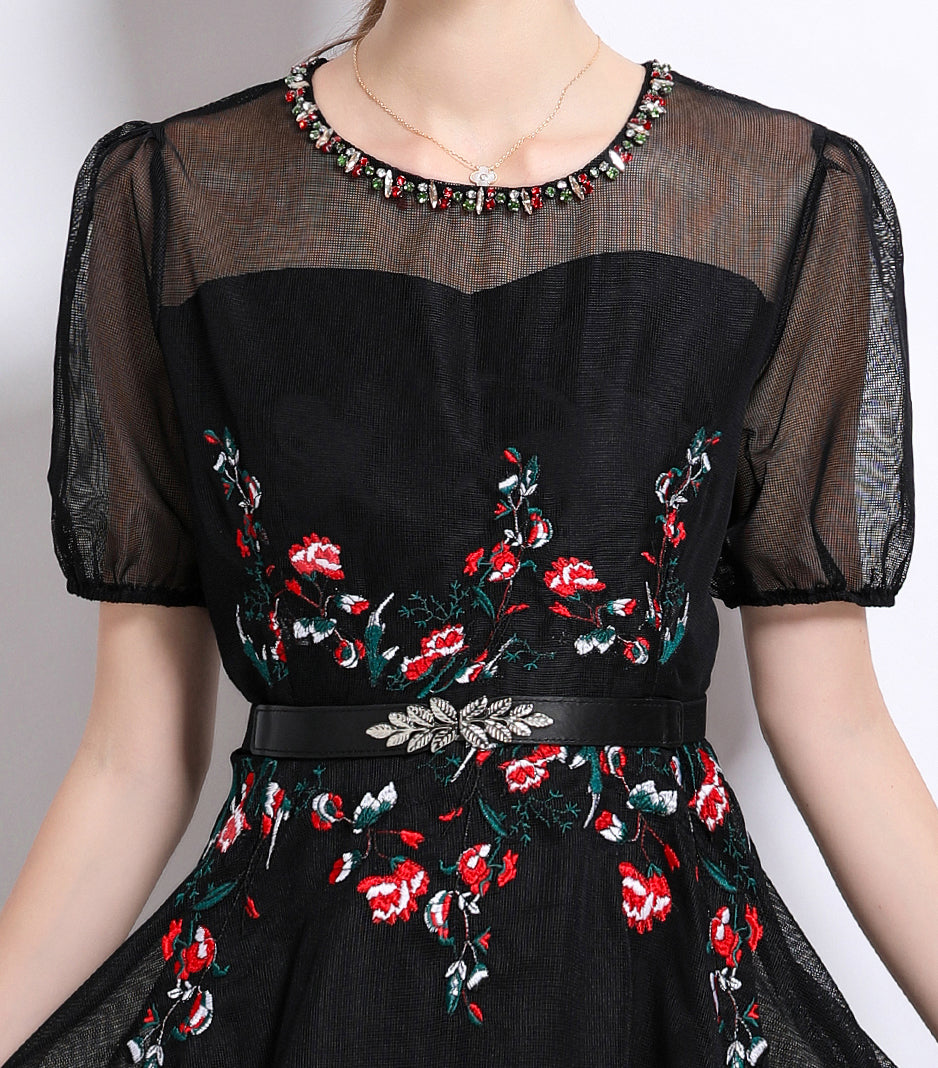 LAI MENG FIVE CATS Embroidered Mesh Floral Black Midi Dress - LAI MENG FIVE CATS