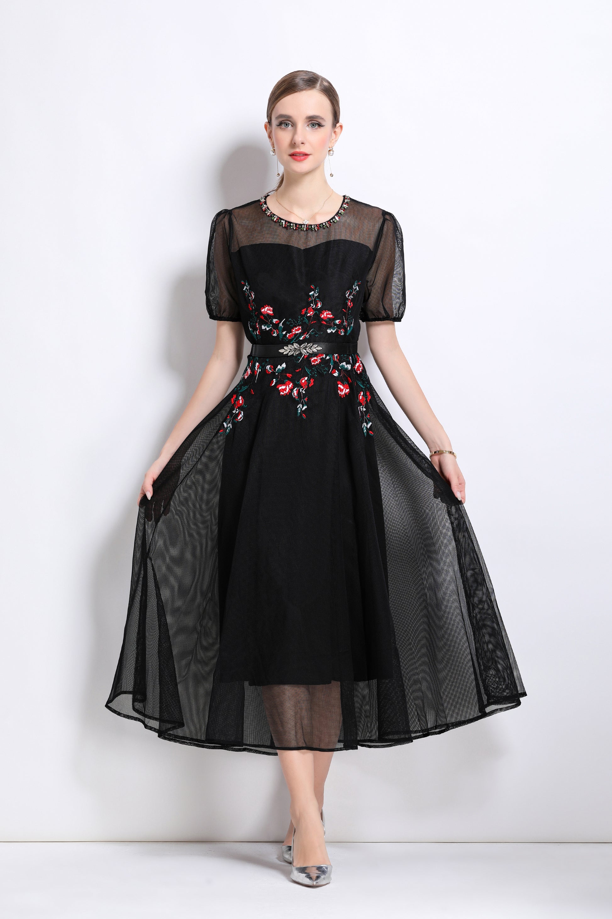 LAI MENG FIVE CATS Embroidered Mesh Floral Black Midi Dress - LAI MENG FIVE CATS