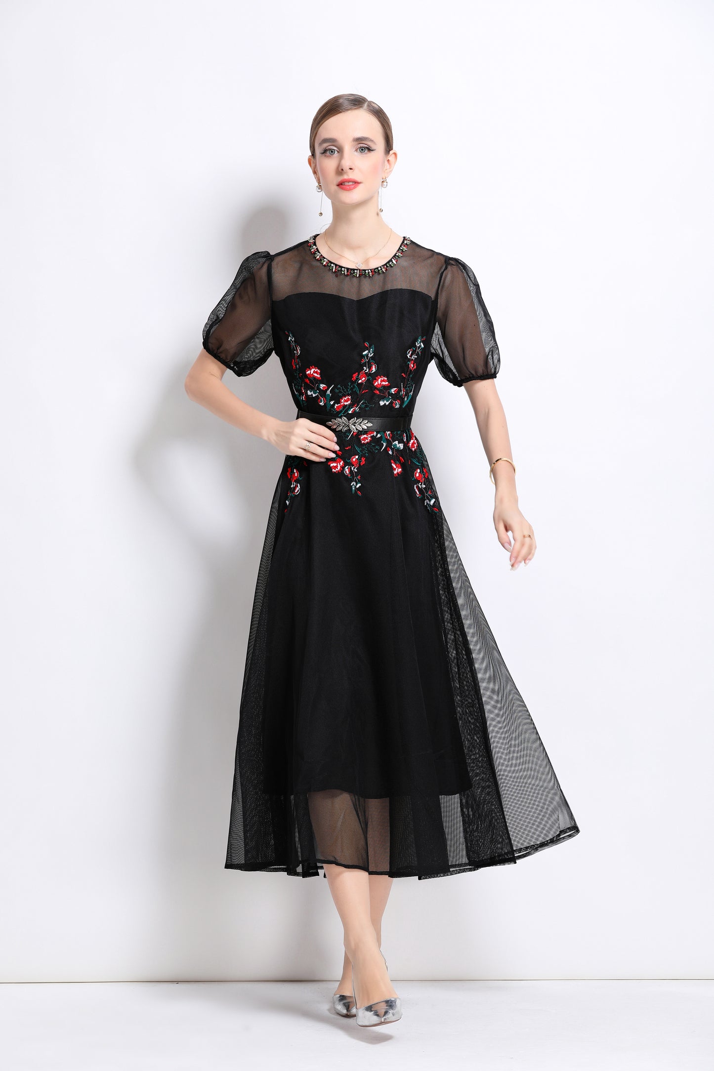 LAI MENG FIVE CATS Embroidered Mesh Floral Black Midi Dress - LAI MENG FIVE CATS