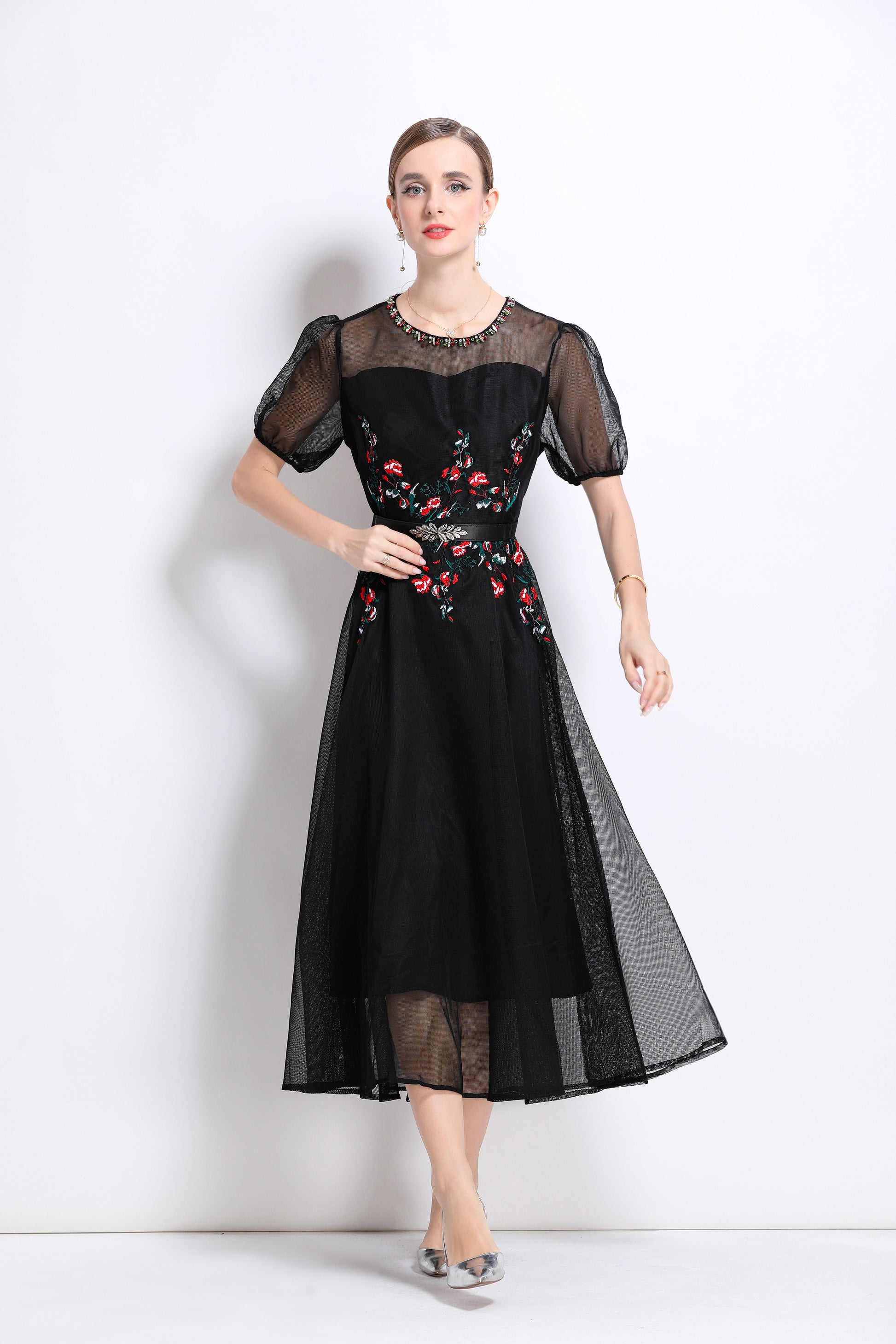 LAI MENG FIVE CATS Embroidered Mesh Floral Black Midi Dress - LAI MENG FIVE CATS