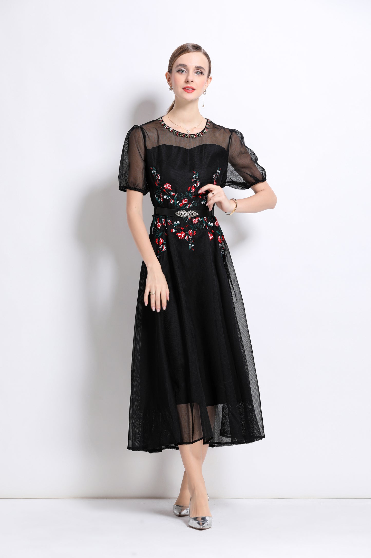 LAI MENG FIVE CATS Embroidered Mesh Floral Black Midi Dress - LAI MENG FIVE CATS