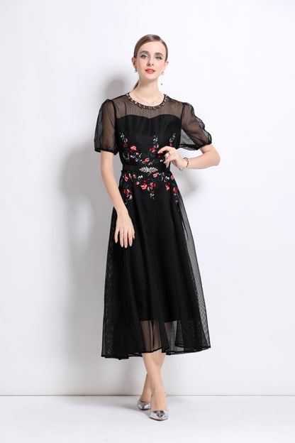 LAI MENG FIVE CATS Embroidered Mesh Floral Black Midi Dress - LAI MENG FIVE CATS