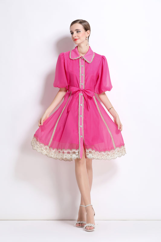 Hot Pink Chiffon Button Up Mini Dress