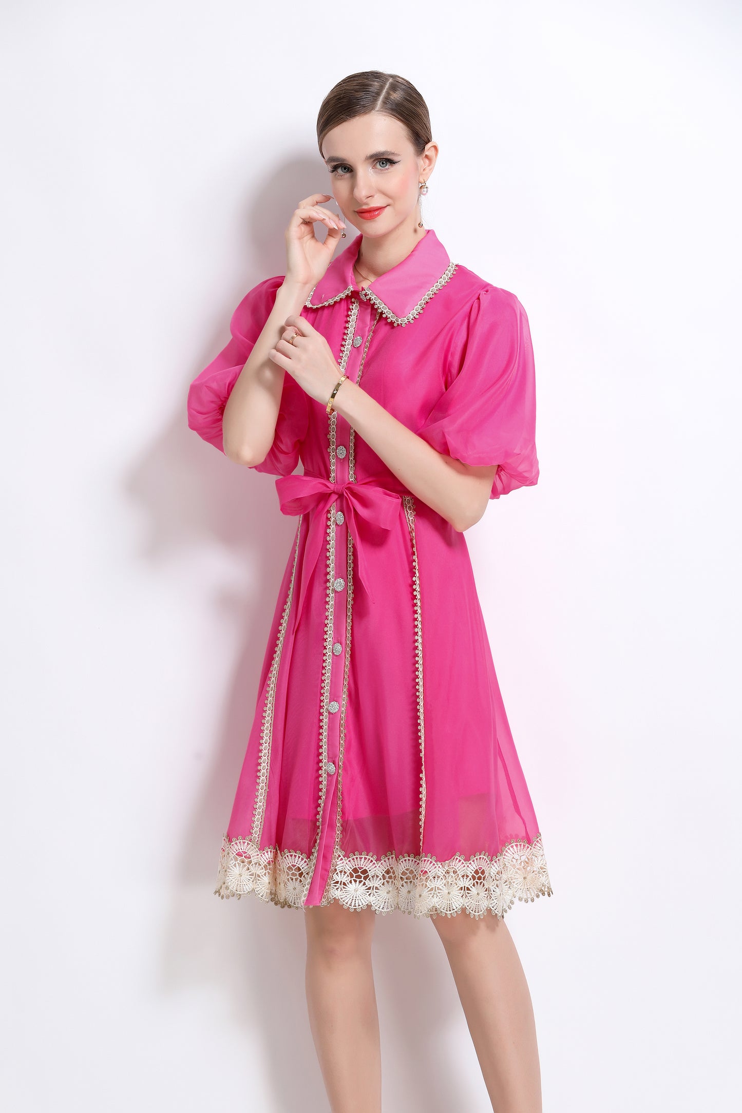 Hot Pink Chiffon Button Up Mini Dress