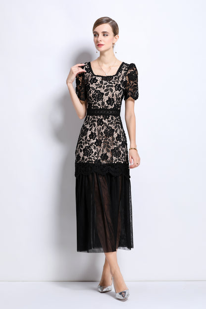Elegant Feminine Black Square Collar Lace&Mesh Midi Dress