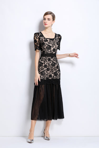 Elegant Feminine Black Square Collar Lace&Mesh Midi Dress