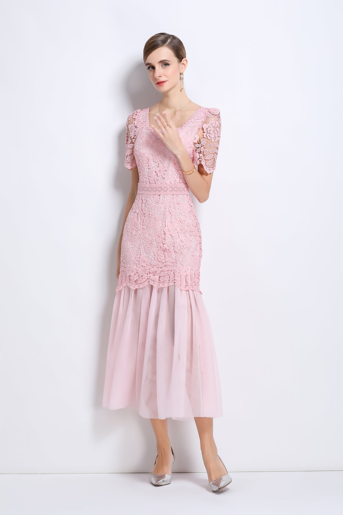 Elegant Feminine Pink Square Collar Lace&Mesh Midi Dress