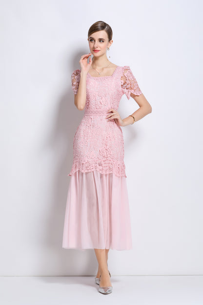 Elegant Feminine Pink Square Collar Lace&Mesh Midi Dress