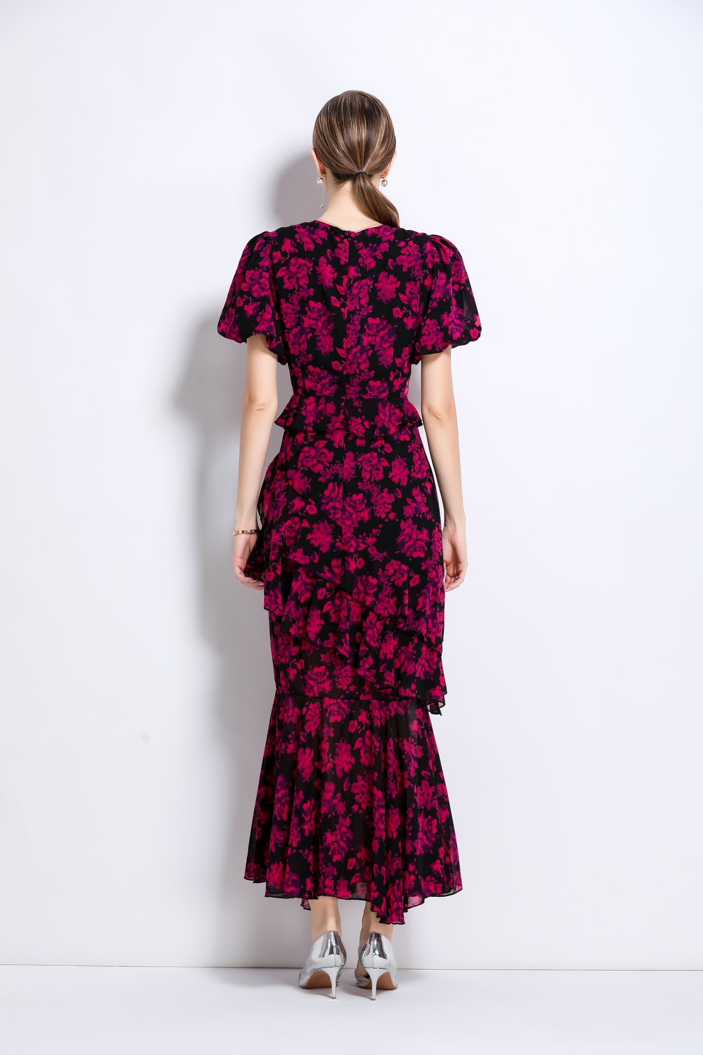 LAI MENG FIVE CATS Floral Chiffon Ruffle Maxi Dress - LAI MENG FIVE CATS