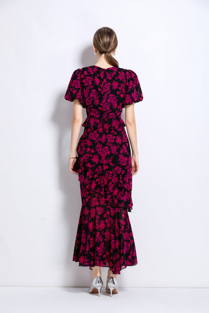 LAI MENG FIVE CATS Floral Chiffon Ruffle Maxi Dress - LAI MENG FIVE CATS