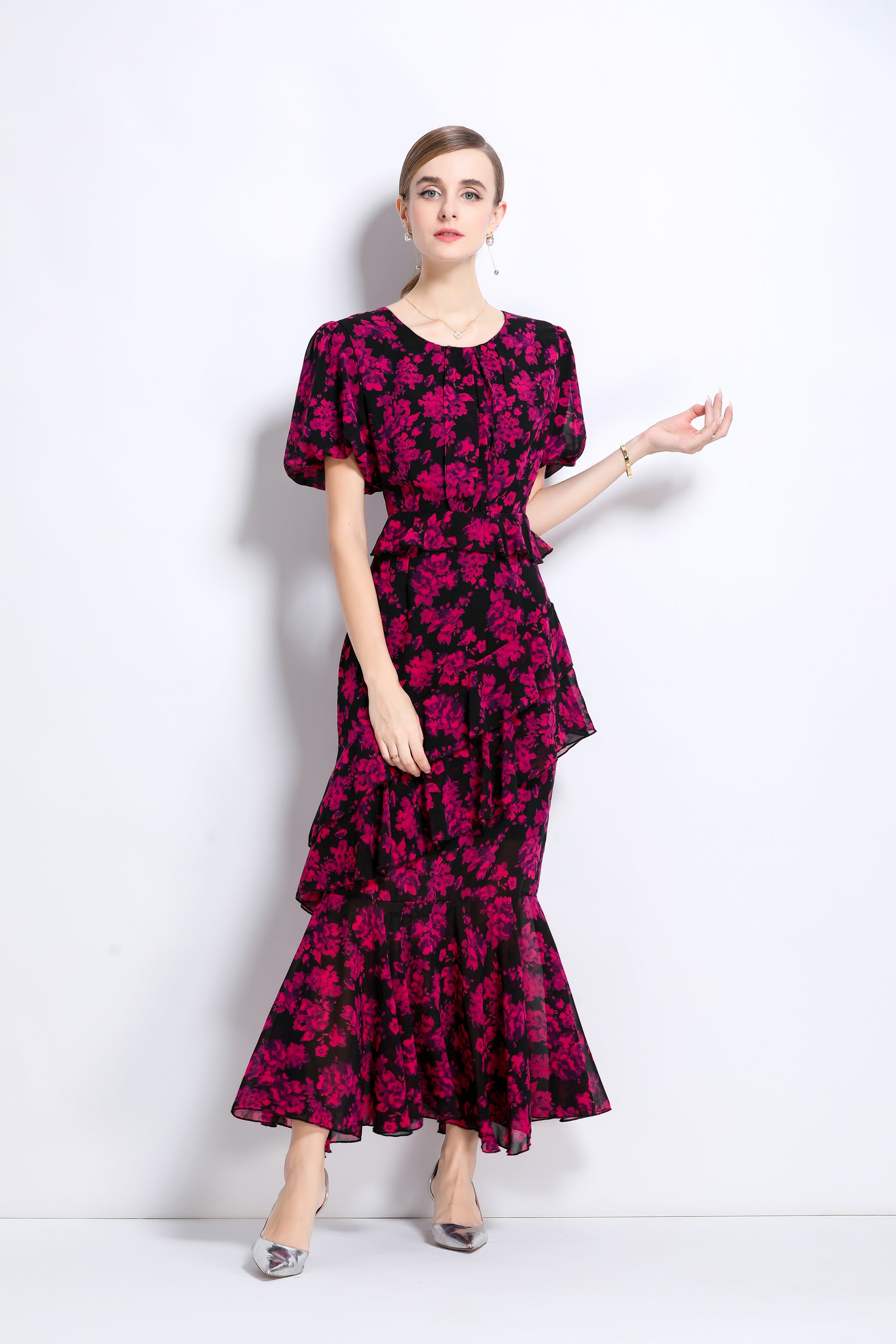 LAI MENG FIVE CATS Floral Chiffon Ruffle Maxi Dress - LAI MENG FIVE CATS