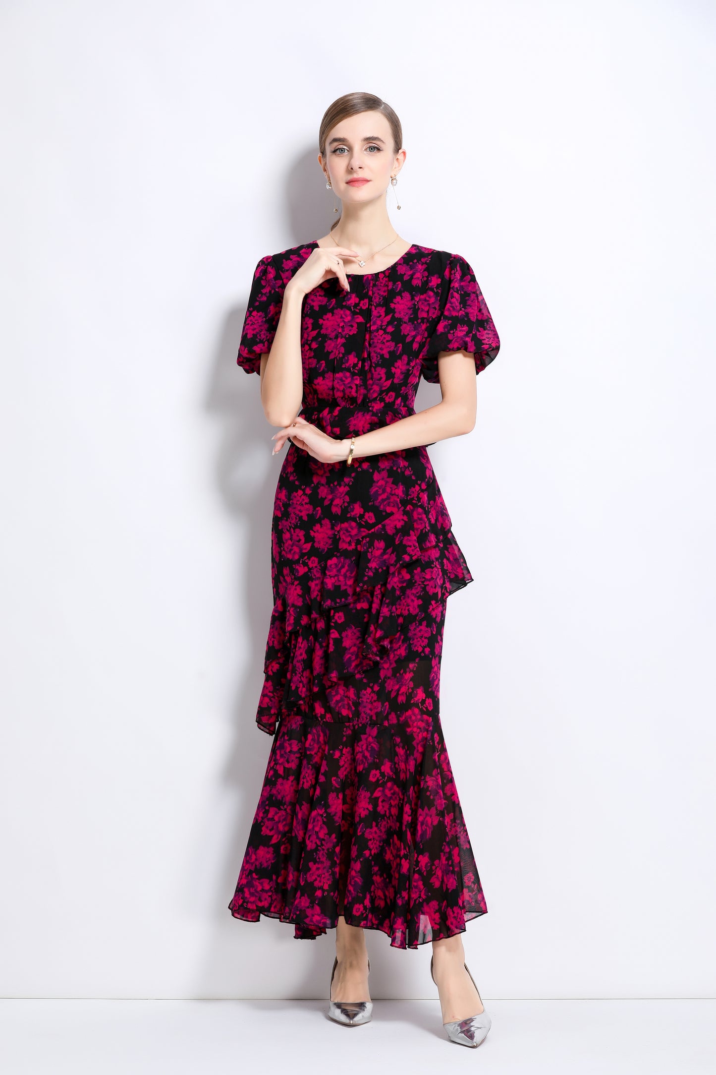 LAI MENG FIVE CATS Floral Chiffon Ruffle Maxi Dress - LAI MENG FIVE CATS