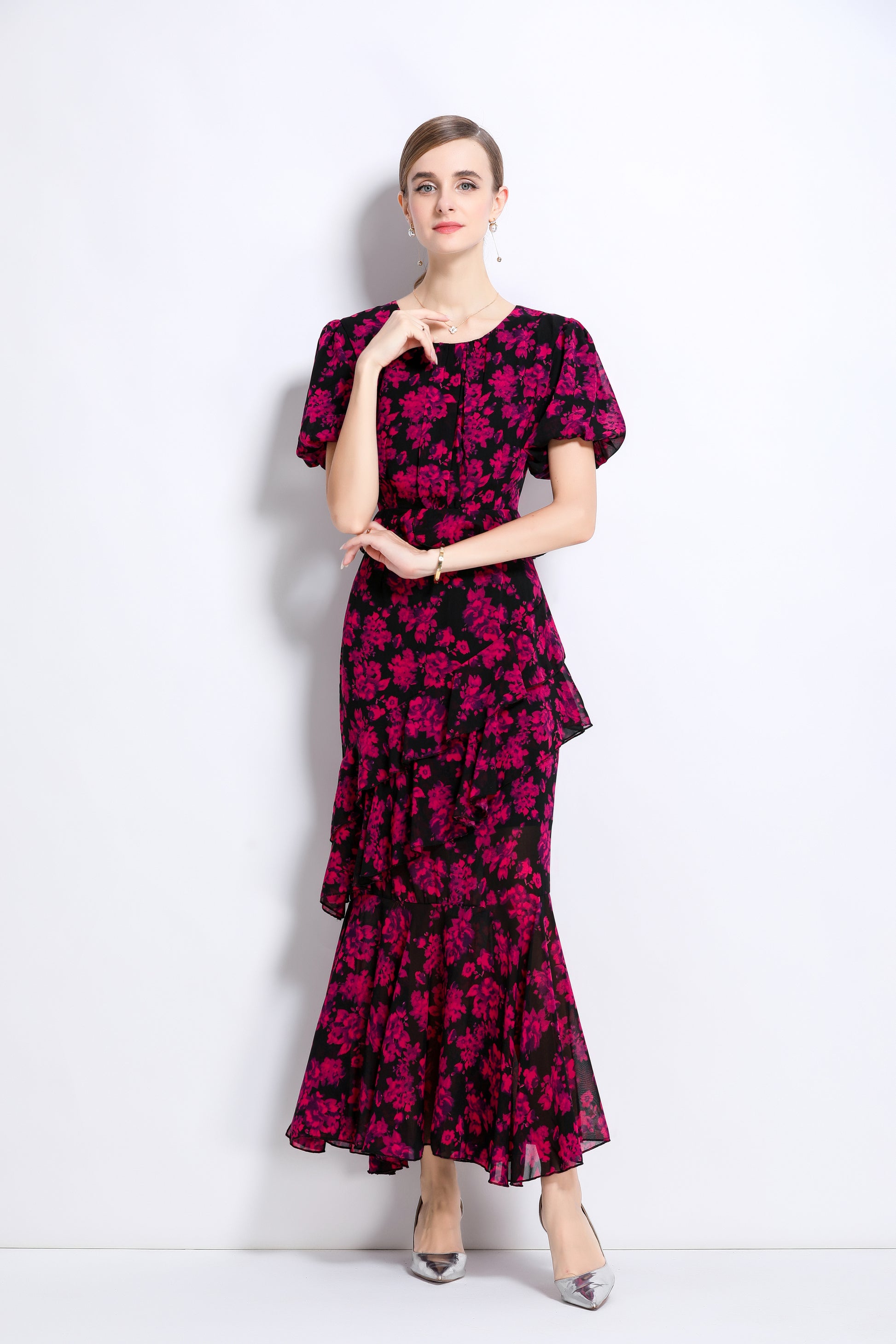 LAI MENG FIVE CATS Floral Chiffon Ruffle Maxi Dress - LAI MENG FIVE CATS