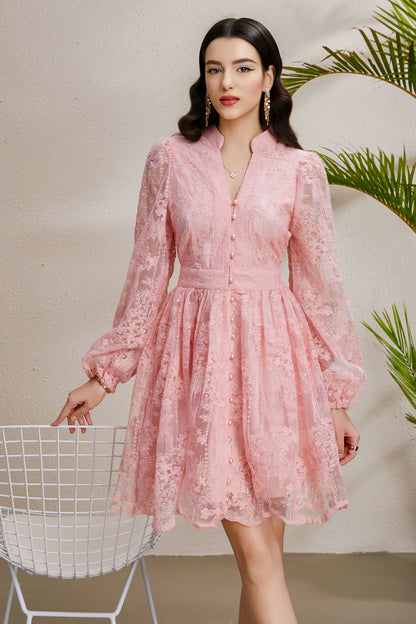 Women's V-Neck Lace Lantern Sleeve Pleated Mini Dress
