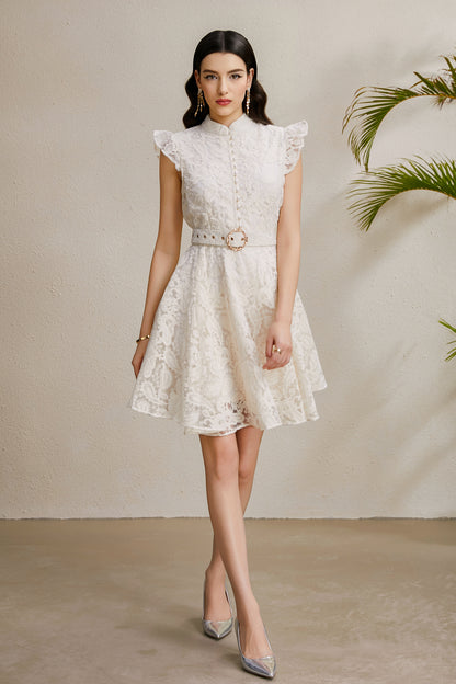 Women's Sleeveless Ruffle Sleeve Lace Mini Dress