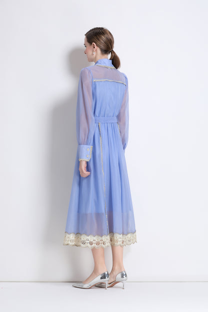 Women's Organza Lapel Neck Lace Midi Dress