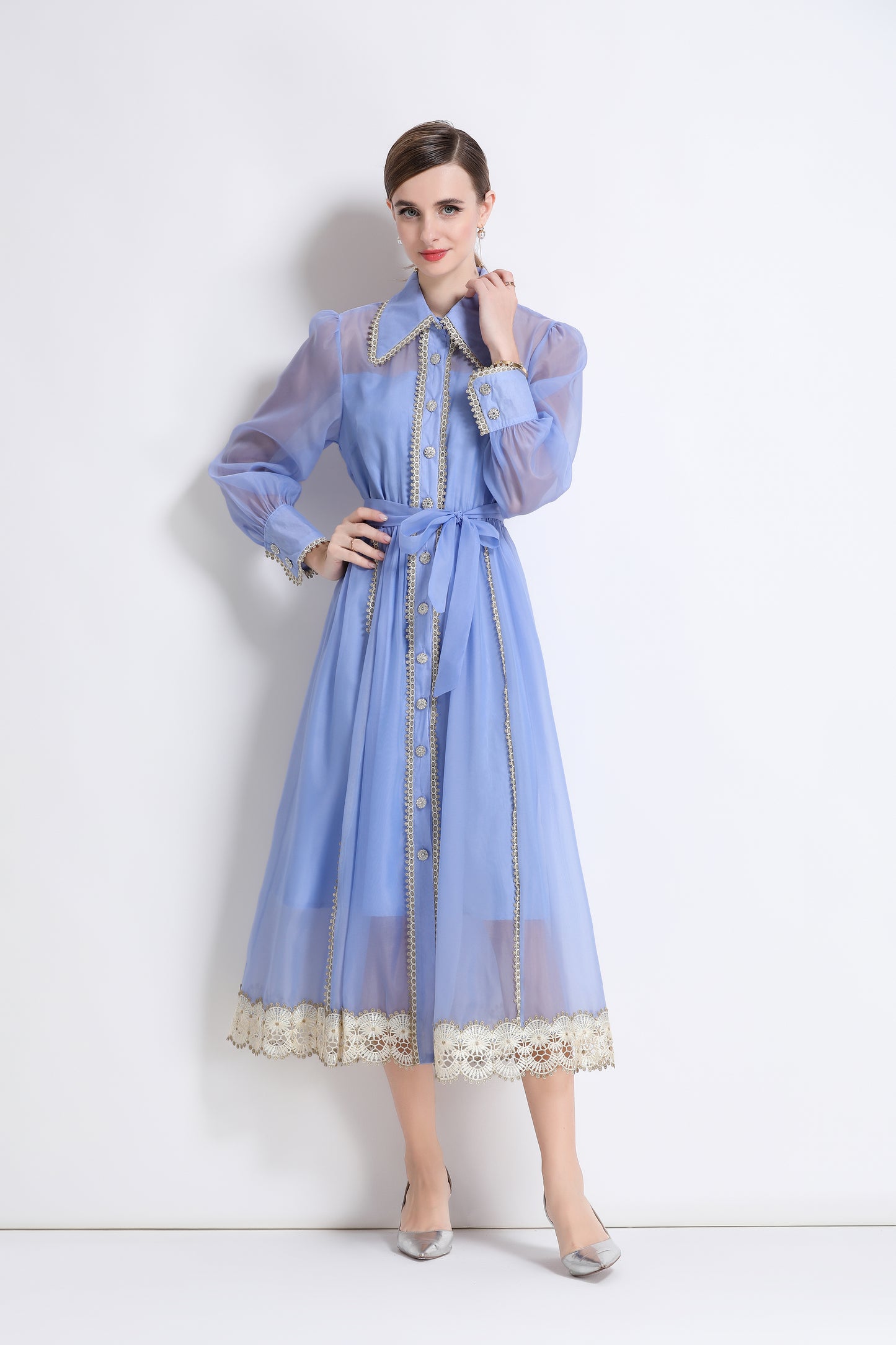 Women's Organza Lapel Neck Lace Midi Dress