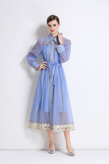 Women's Organza Lapel Neck Lace Midi Dress