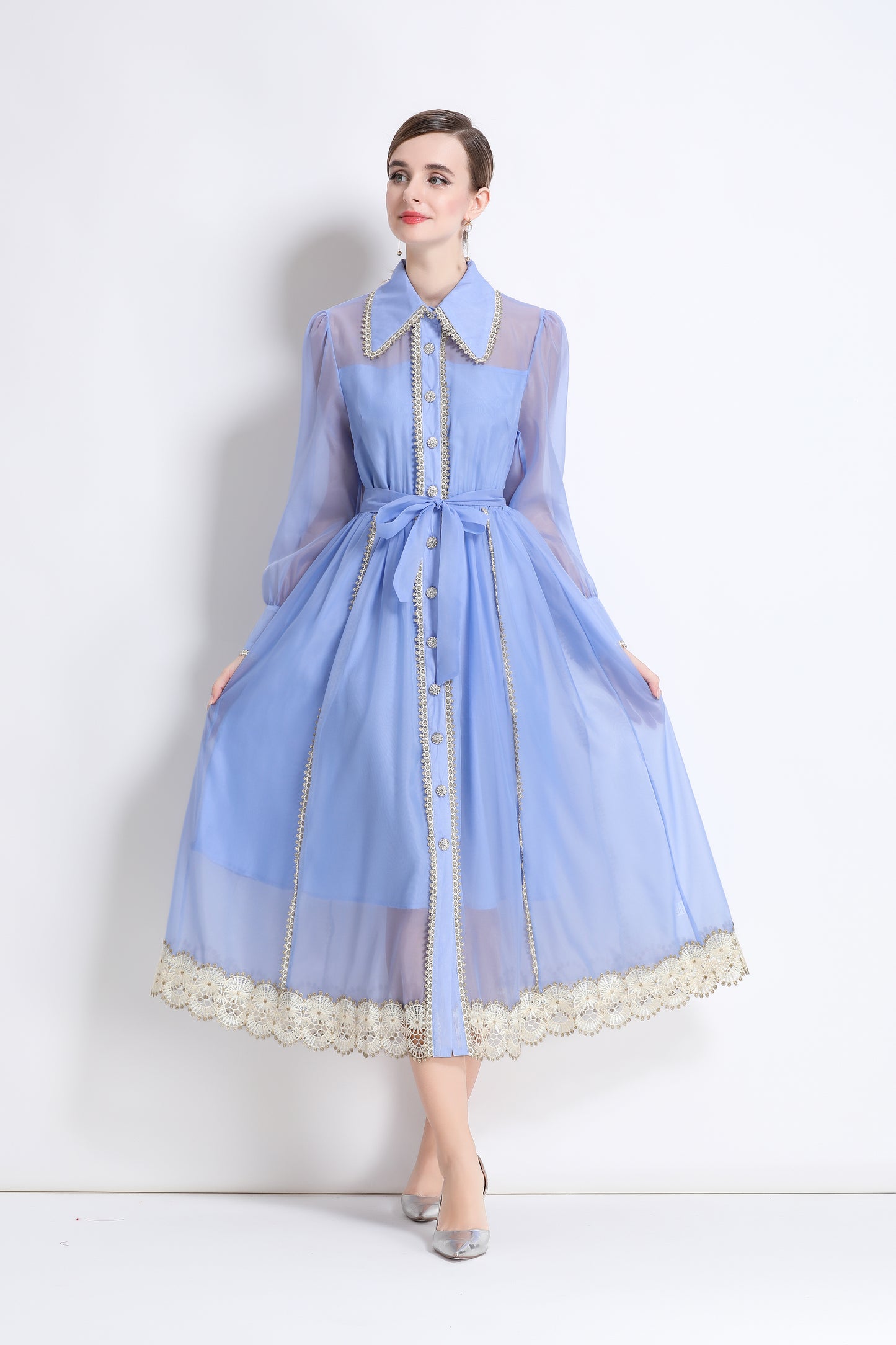 Women's Organza Lapel Neck Lace Midi Dress