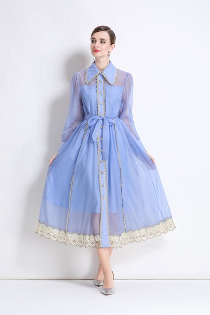 Women's Organza Lapel Neck Lace Midi Dress