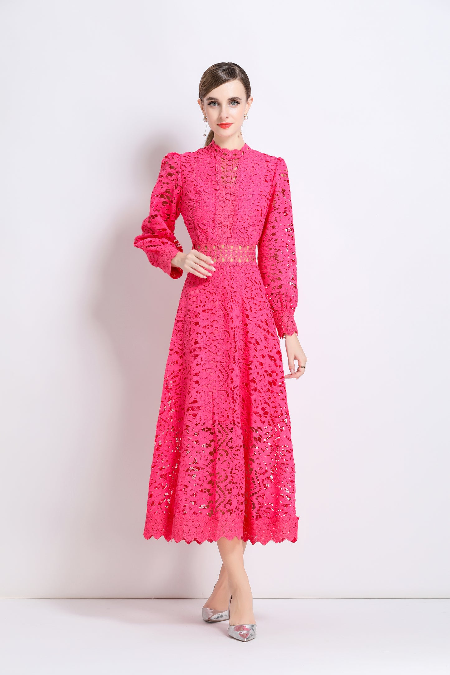 Women's Puff Long Sleeve Hollow Lace Maxi Dress