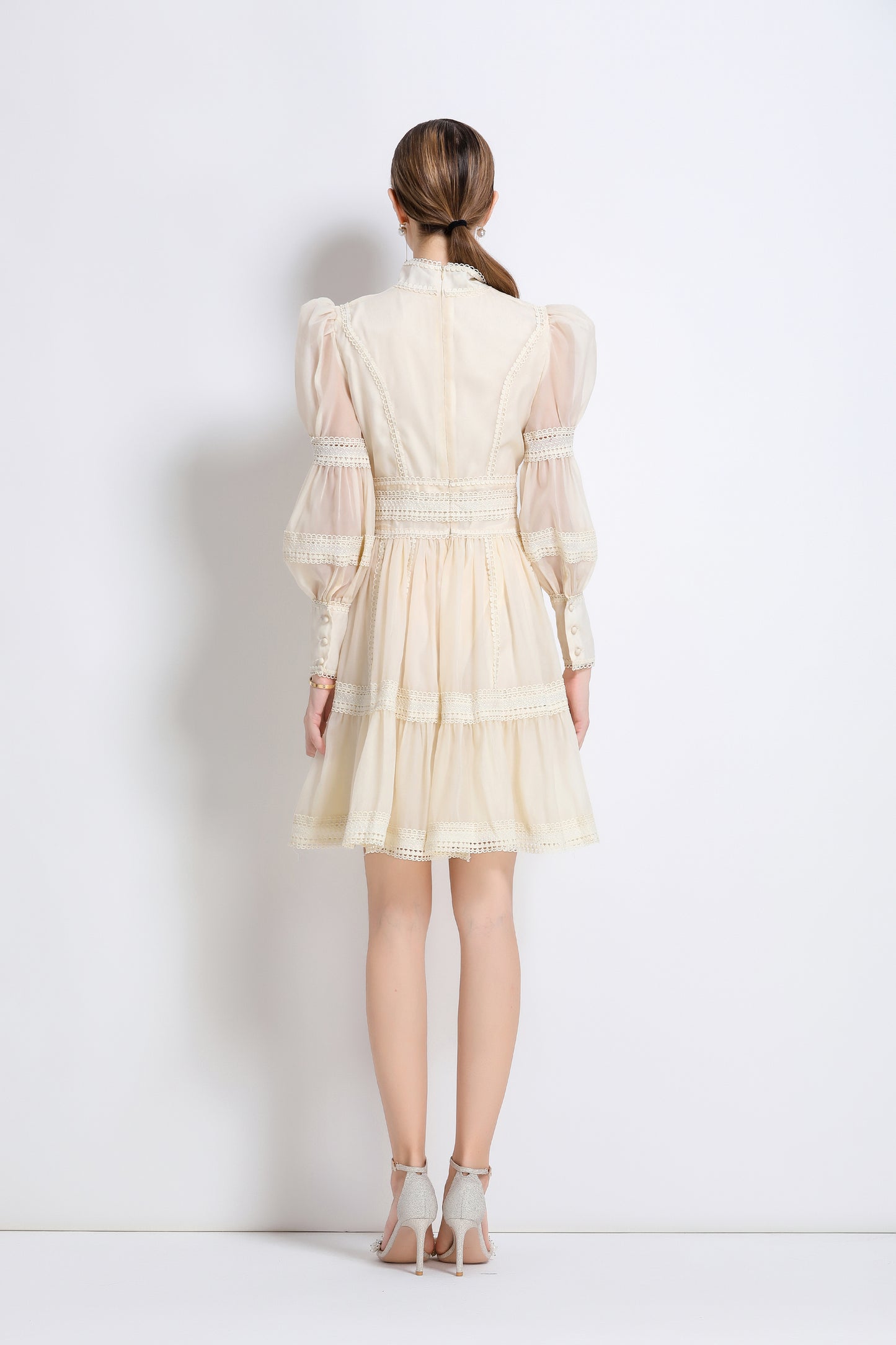 Women's Puff Sleeves Hollow Mesh Pleat Mini Dress