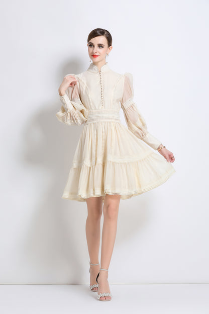Women's Puff Sleeves Hollow Mesh Pleat Mini Dress