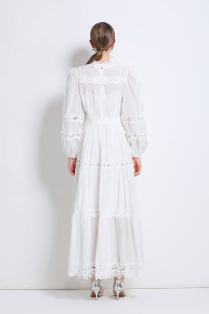 Women's Lace V-Neck Lantern Sleeve Pleated Maxi Dress