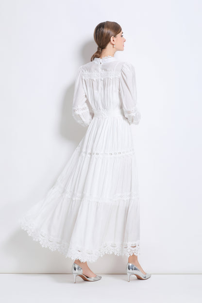 Women's Lace V-Neck Lantern Sleeve Pleated Maxi Dress