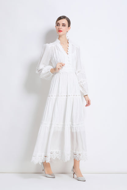 Women's Lace V-Neck Lantern Sleeve Pleated Maxi Dress