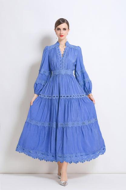 Women's Lace V-Neck Lantern Sleeve Pleated Maxi Dress