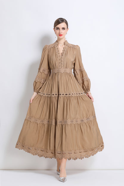 Women's Lace V-Neck Lantern Sleeve Pleated Maxi Dress
